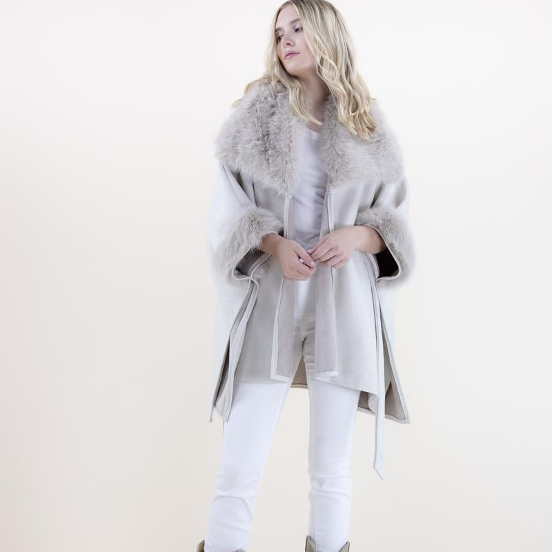 Original USA Women'S Wide Faux Fur Collar and Cuffs Faux Shearling Fur Trimmed Belted Wrap Cape