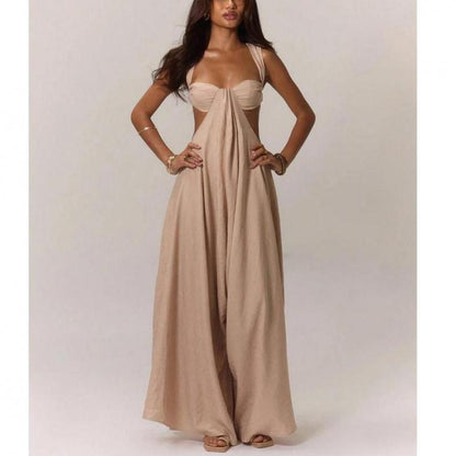 Women'S Ruched Bust Extreme Wide Leg Jumpsuit Summer Vacation Boho Spring Summer Vacation Beachwear Women'S Backless Loose Jumpsuit Romperswomen