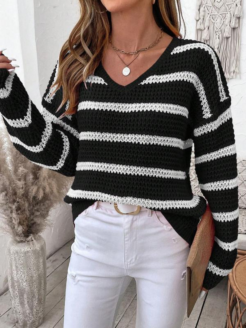 Women'S V Neck Striped Colorblock Long Sleeve Pullover Sweater, Autumn/Winter Casual Loose Fit Drop Shoulder Fashion Cozy Sweataer Top, Fall Knitwear for Women, Winter Sweater for Women, Ladies Fall Clothes