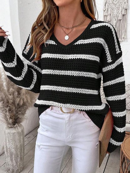 Women'S V Neck Striped Colorblock Long Sleeve Pullover Sweater, Autumn/Winter Casual Loose Fit Drop Shoulder Fashion Cozy Sweataer Top, Fall Knitwear for Women, Winter Sweater for Women, Ladies Fall Clothes
