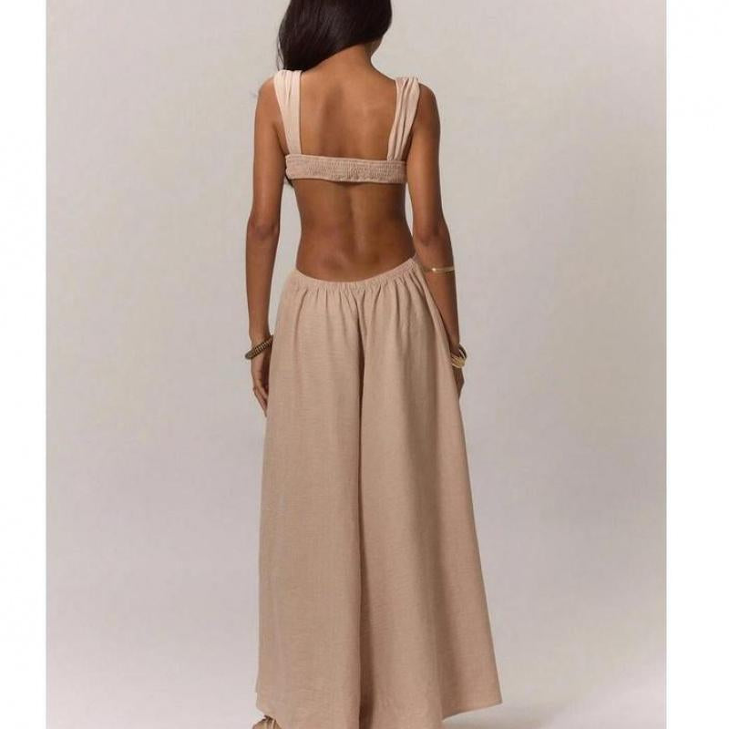 Women'S Ruched Bust Extreme Wide Leg Jumpsuit Summer Vacation Boho Spring Summer Vacation Beachwear Women'S Backless Loose Jumpsuit Romperswomen