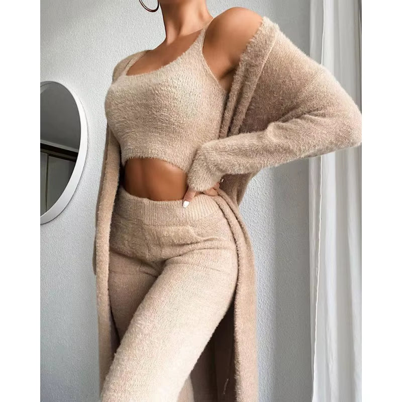 Autumn and Winter Knitted Plush Comfortable Women'S Suit Sexy V-Neck Short Crop Top Cardigan Sweater Trousers Three-Piece Set