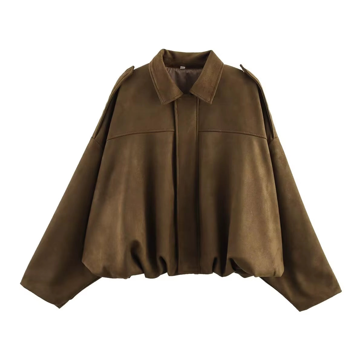 New 2025 Women Suede Textured Bomber Jacket Long Sleeve Lapel Collar Loose Coats Casual Female Outerwear Chic Tops