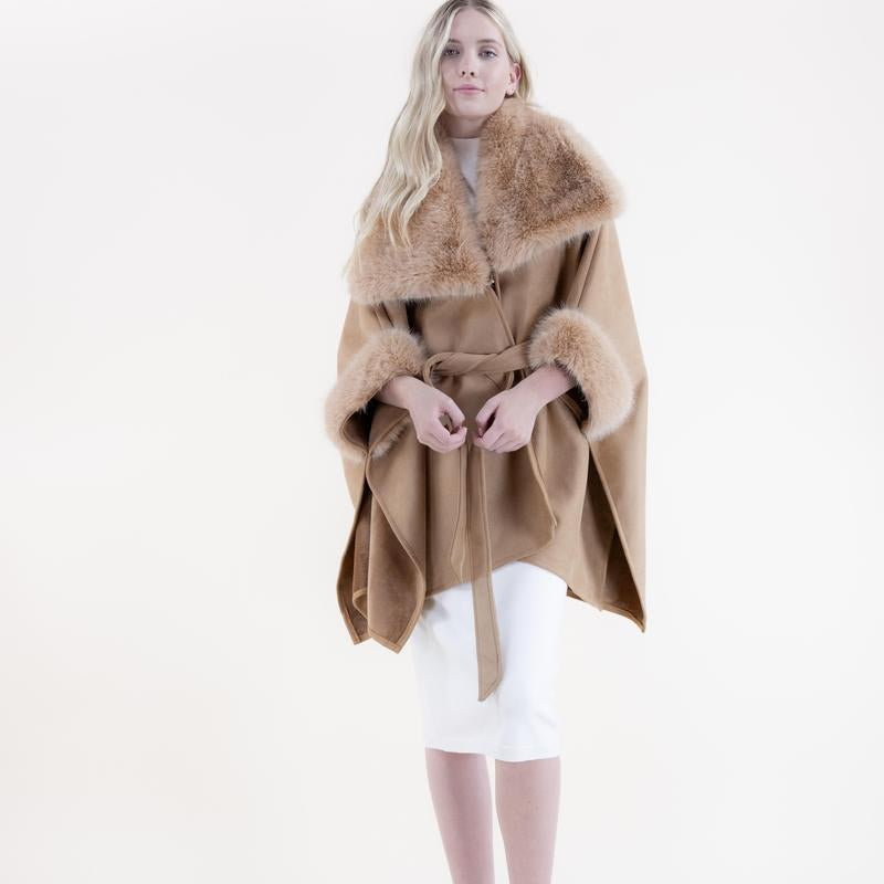 Original USA Women'S Wide Faux Fur Collar and Cuffs Faux Shearling Fur Trimmed Belted Wrap Cape