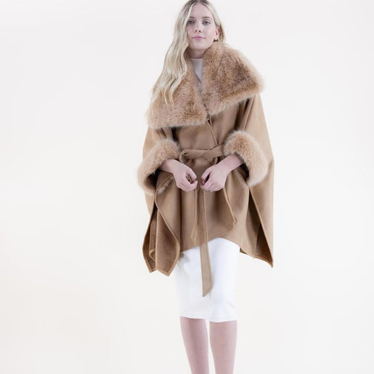 Original USA Women'S Wide Faux Fur Collar and Cuffs Faux Shearling Fur Trimmed Belted Wrap Cape