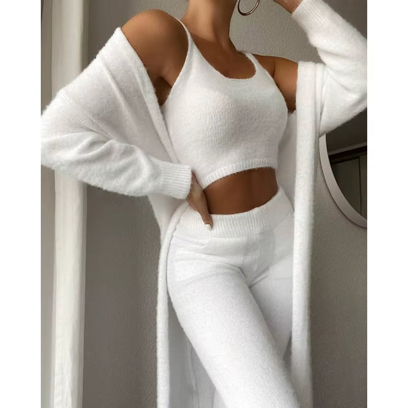 Autumn and Winter Knitted Plush Comfortable Women'S Suit Sexy V-Neck Short Crop Top Cardigan Sweater Trousers Three-Piece Set