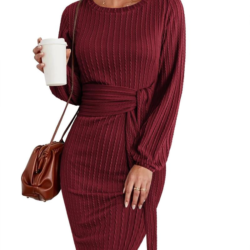 Women'S Elegant Knit Dress Long Lantern Sleeve Fall Bodycon Crewneck Tie Waist Rib Knitted Sweater Dresses Basic Chic Minimalist Sizes Run Small Petite