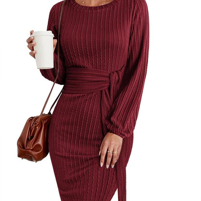 Women'S Elegant Knit Dress Long Lantern Sleeve Fall Bodycon Crewneck Tie Waist Rib Knitted Sweater Dresses Basic Chic Minimalist Sizes Run Small Petite