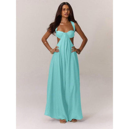 Women'S Ruched Bust Extreme Wide Leg Jumpsuit Summer Vacation Boho Spring Summer Vacation Beachwear Women'S Backless Loose Jumpsuit Romperswomen