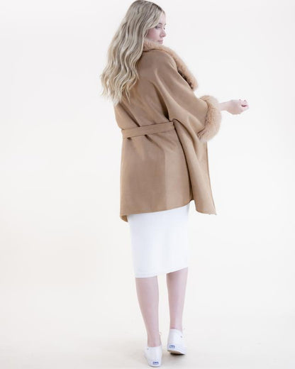 Original USA Women'S Wide Faux Fur Collar and Cuffs Faux Shearling Fur Trimmed Belted Wrap Cape