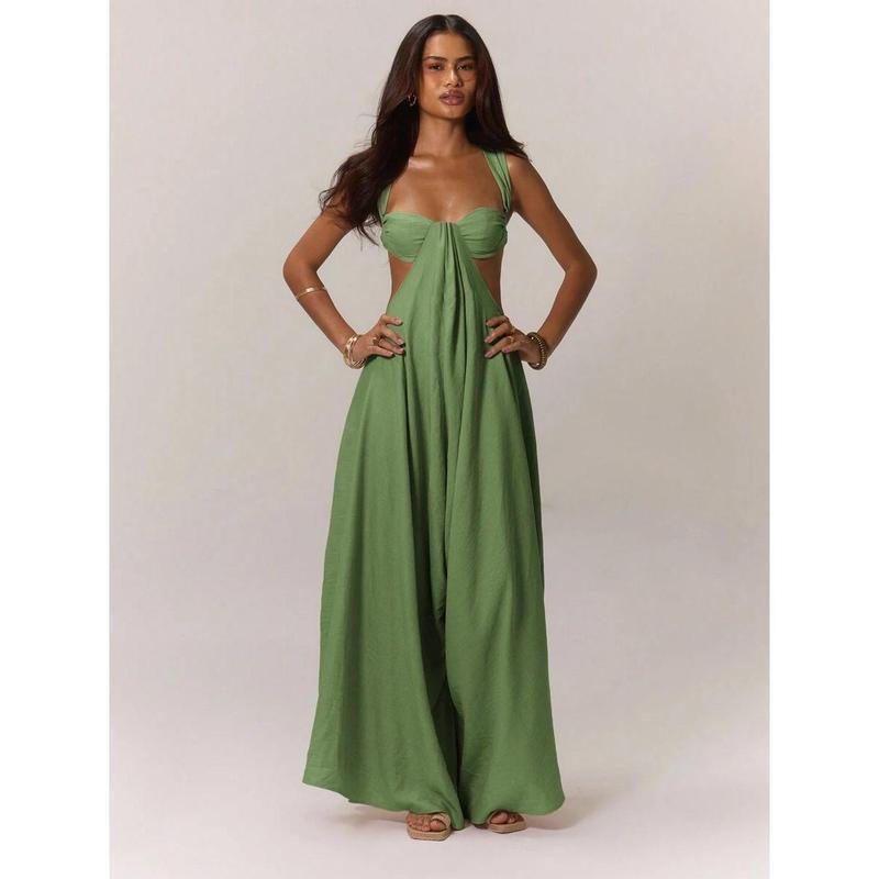 Women'S Ruched Bust Extreme Wide Leg Jumpsuit Summer Vacation Boho Spring Summer Vacation Beachwear Women'S Backless Loose Jumpsuit Romperswomen