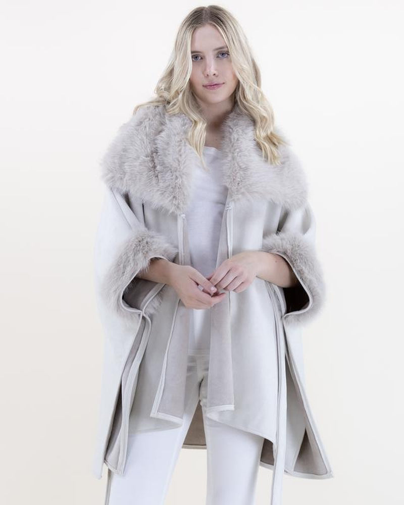 Original USA Women'S Wide Faux Fur Collar and Cuffs Faux Shearling Fur Trimmed Belted Wrap Cape