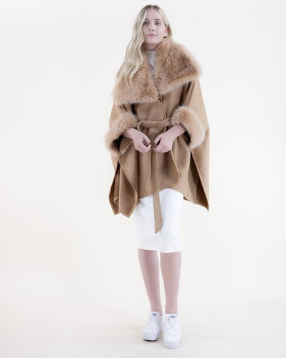 Original USA Women'S Wide Faux Fur Collar and Cuffs Faux Shearling Fur Trimmed Belted Wrap Cape