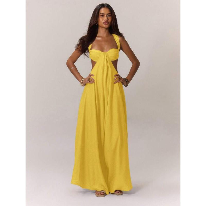 Women'S Ruched Bust Extreme Wide Leg Jumpsuit Summer Vacation Boho Spring Summer Vacation Beachwear Women'S Backless Loose Jumpsuit Romperswomen
