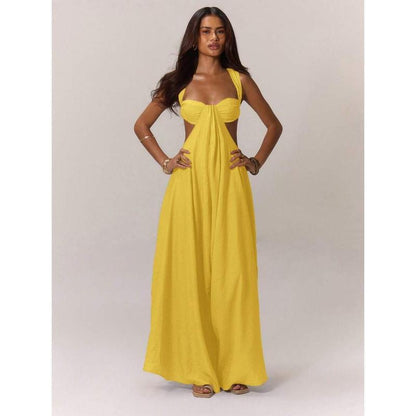 Women'S Ruched Bust Extreme Wide Leg Jumpsuit Summer Vacation Boho Spring Summer Vacation Beachwear Women'S Backless Loose Jumpsuit Romperswomen