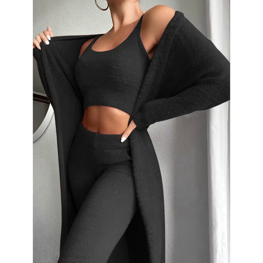 Autumn and Winter Knitted Plush Comfortable Women'S Suit Sexy V-Neck Short Crop Top Cardigan Sweater Trousers Three-Piece Set