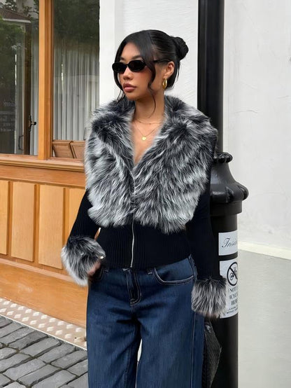 Women'S Fashion Street Style Patchwork Knit Faux Fur Jacket, Zipper Long Sleeve Coat, Fall & Winter Thick Fabric, Casual Wear