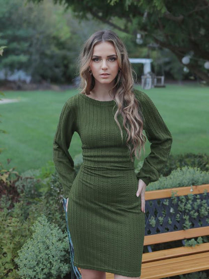 Women'S Elegant Knit Dress Long Lantern Sleeve Fall Bodycon Crewneck Tie Waist Rib Knitted Sweater Dresses Basic Chic Minimalist Sizes Run Small Petite