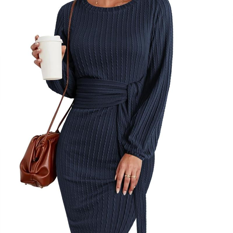 Women'S Elegant Knit Dress Long Lantern Sleeve Fall Bodycon Crewneck Tie Waist Rib Knitted Sweater Dresses Basic Chic Minimalist Sizes Run Small Petite