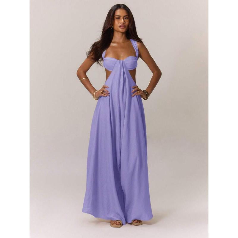 Women'S Ruched Bust Extreme Wide Leg Jumpsuit Summer Vacation Boho Spring Summer Vacation Beachwear Women'S Backless Loose Jumpsuit Romperswomen