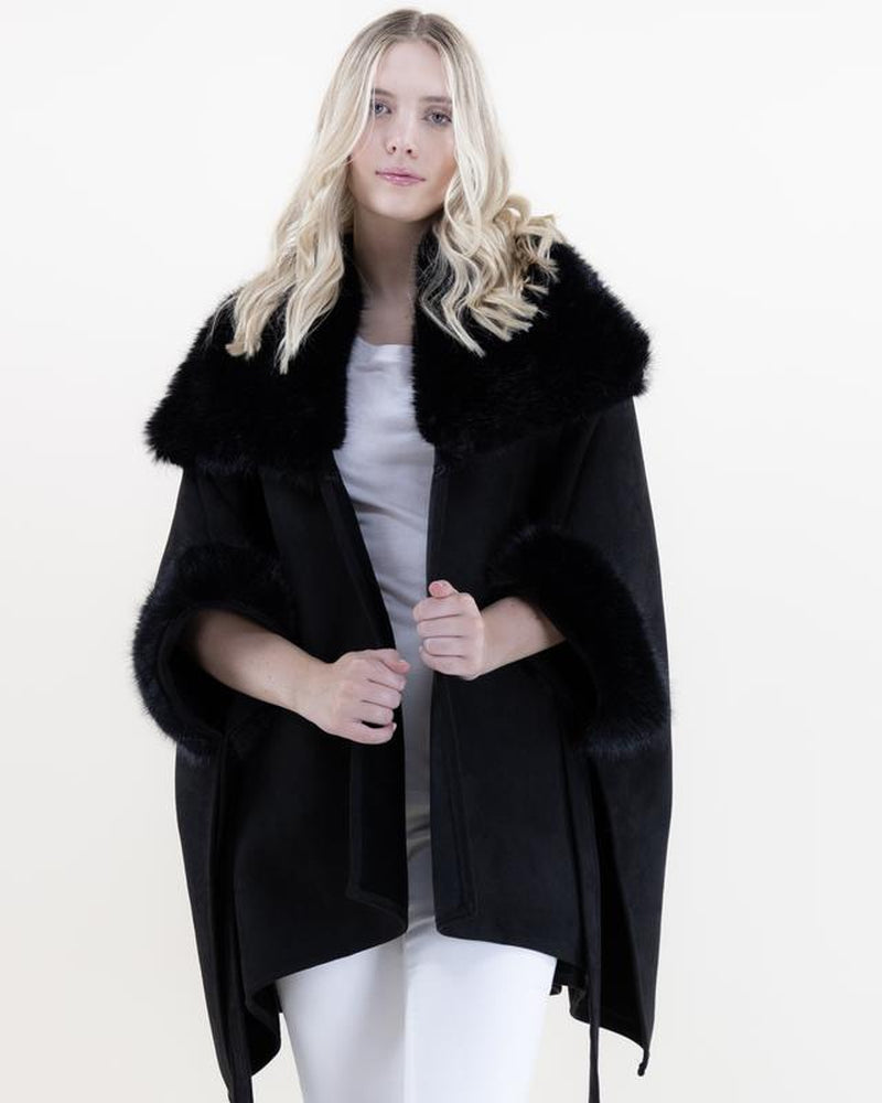Original USA Women'S Wide Faux Fur Collar and Cuffs Faux Shearling Fur Trimmed Belted Wrap Cape