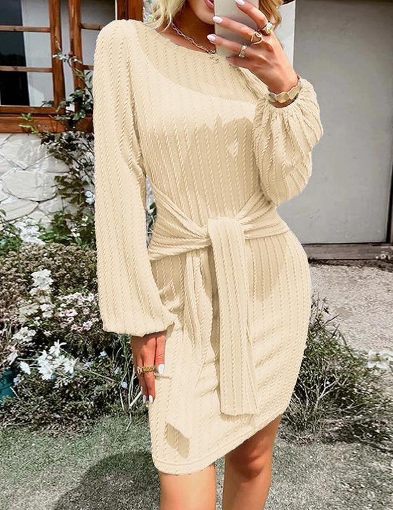 Women'S Elegant Knit Dress Long Lantern Sleeve Fall Bodycon Crewneck Tie Waist Rib Knitted Sweater Dresses Basic Chic Minimalist Sizes Run Small Petite