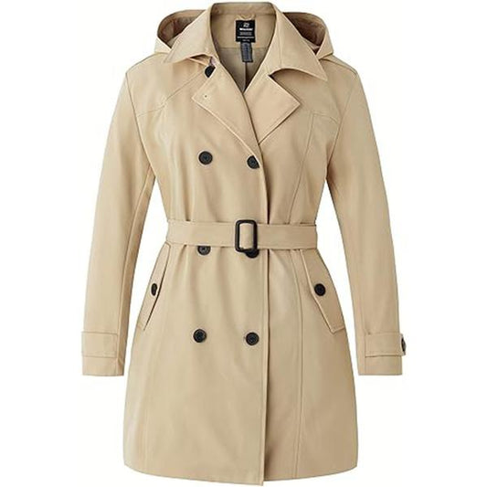 Fallfreshness Women'S plus Size Double-Breasted Trench Coat Waterproof Classic Lapel Overcoat Stylish Pea Coat with Belt