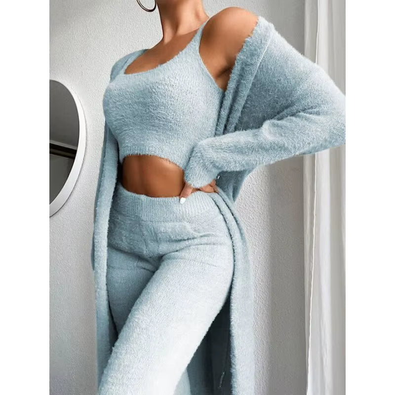 Autumn and Winter Knitted Plush Comfortable Women'S Suit Sexy V-Neck Short Crop Top Cardigan Sweater Trousers Three-Piece Set