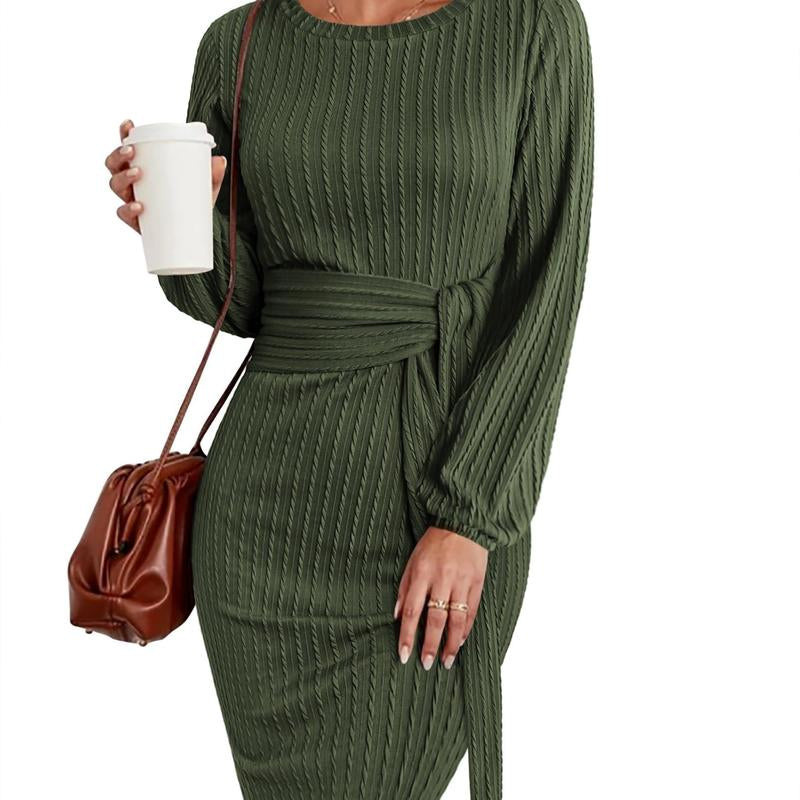 Women'S Elegant Knit Dress Long Lantern Sleeve Fall Bodycon Crewneck Tie Waist Rib Knitted Sweater Dresses Basic Chic Minimalist Sizes Run Small Petite