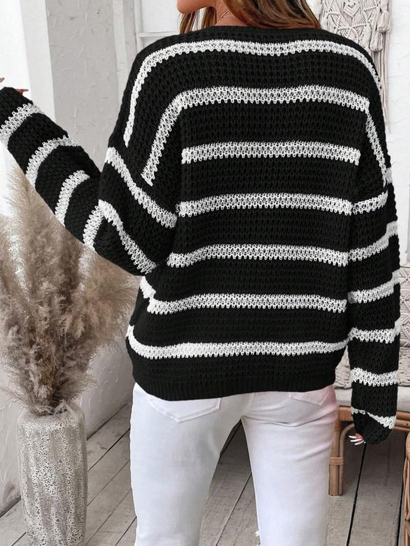 Women'S V Neck Striped Colorblock Long Sleeve Pullover Sweater, Autumn/Winter Casual Loose Fit Drop Shoulder Fashion Cozy Sweataer Top, Fall Knitwear for Women, Winter Sweater for Women, Ladies Fall Clothes