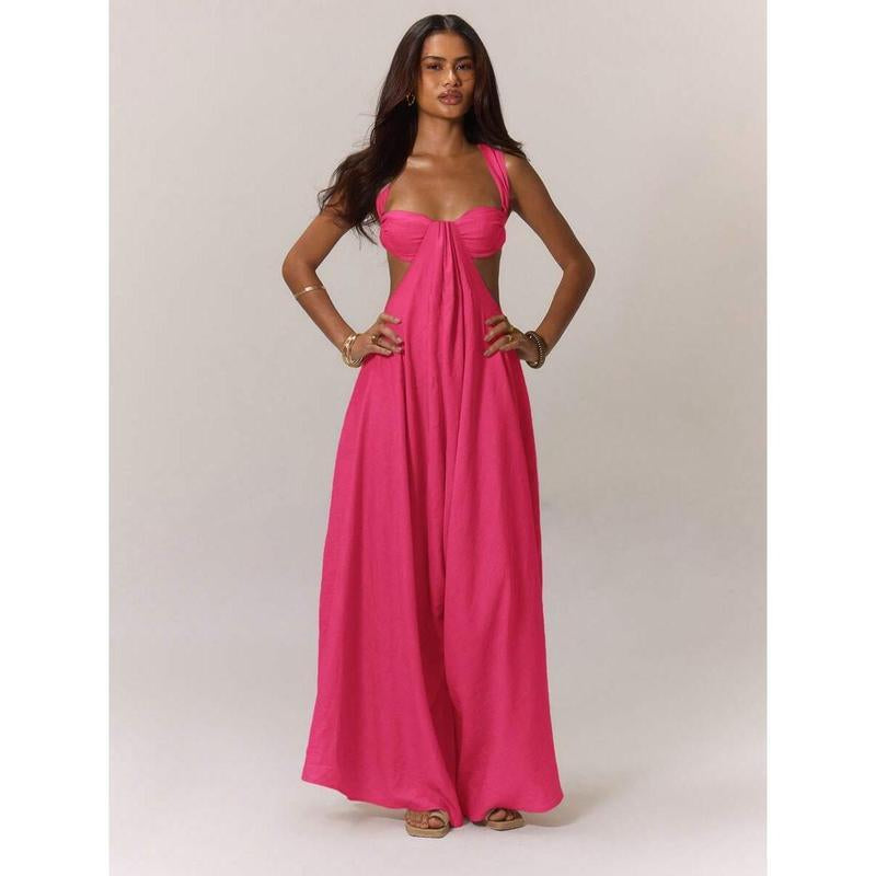 Women'S Ruched Bust Extreme Wide Leg Jumpsuit Summer Vacation Boho Spring Summer Vacation Beachwear Women'S Backless Loose Jumpsuit Romperswomen