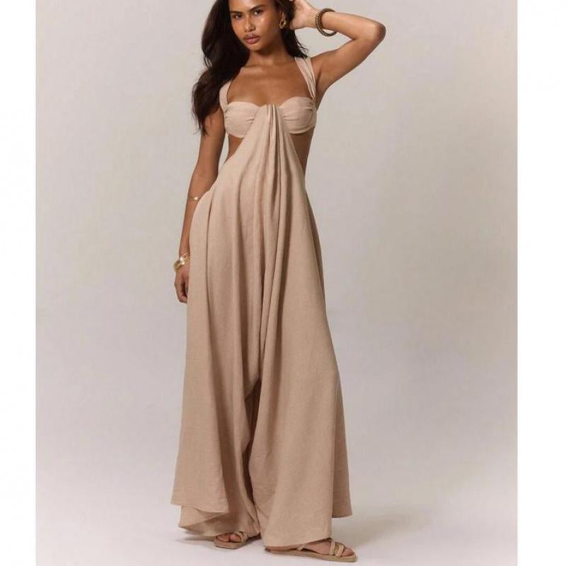 Women'S Ruched Bust Extreme Wide Leg Jumpsuit Summer Vacation Boho Spring Summer Vacation Beachwear Women'S Backless Loose Jumpsuit Romperswomen