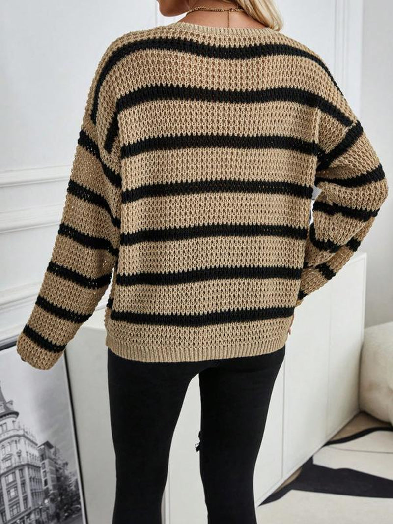 Women'S V Neck Striped Colorblock Long Sleeve Pullover Sweater, Autumn/Winter Casual Loose Fit Drop Shoulder Fashion Cozy Sweataer Top, Fall Knitwear for Women, Winter Sweater for Women, Ladies Fall Clothes