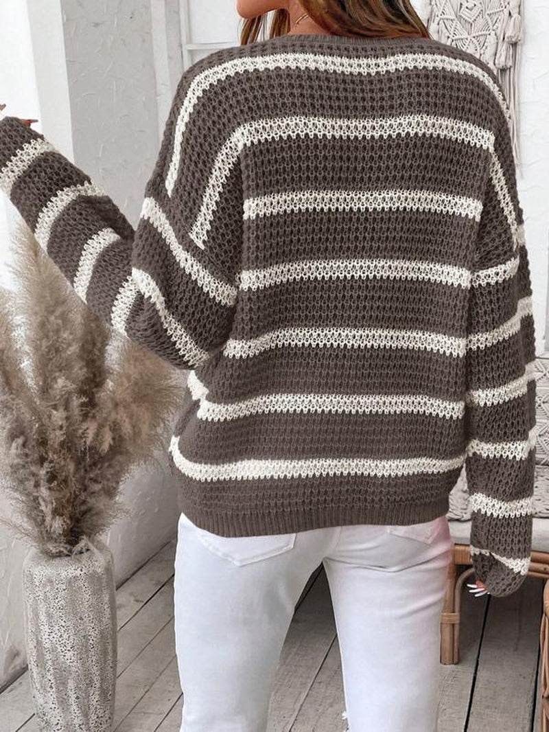 Women'S V Neck Striped Colorblock Long Sleeve Pullover Sweater, Autumn/Winter Casual Loose Fit Drop Shoulder Fashion Cozy Sweataer Top, Fall Knitwear for Women, Winter Sweater for Women, Ladies Fall Clothes