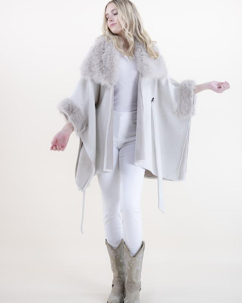 Original USA Women'S Wide Faux Fur Collar and Cuffs Faux Shearling Fur Trimmed Belted Wrap Cape