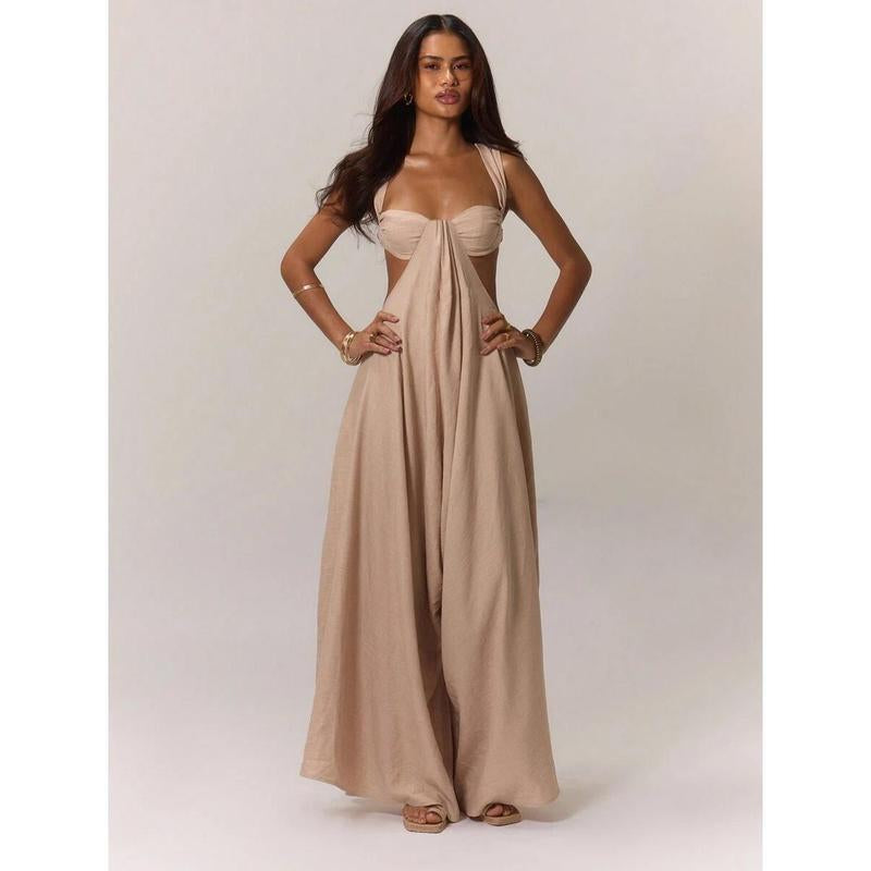 Women'S Ruched Bust Extreme Wide Leg Jumpsuit Summer Vacation Boho Spring Summer Vacation Beachwear Women'S Backless Loose Jumpsuit Romperswomen