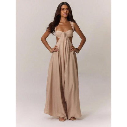 Women'S Ruched Bust Extreme Wide Leg Jumpsuit Summer Vacation Boho Spring Summer Vacation Beachwear Women'S Backless Loose Jumpsuit Romperswomen