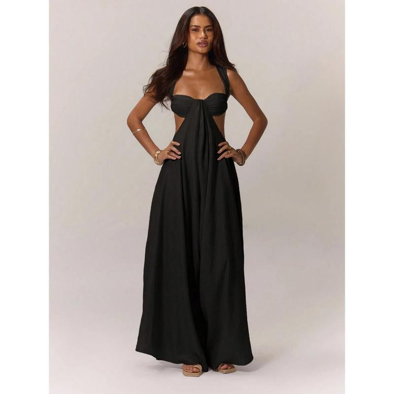 Women'S Ruched Bust Extreme Wide Leg Jumpsuit Summer Vacation Boho Spring Summer Vacation Beachwear Women'S Backless Loose Jumpsuit Romperswomen