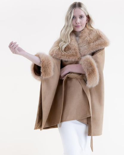 Original USA Women'S Wide Faux Fur Collar and Cuffs Faux Shearling Fur Trimmed Belted Wrap Cape