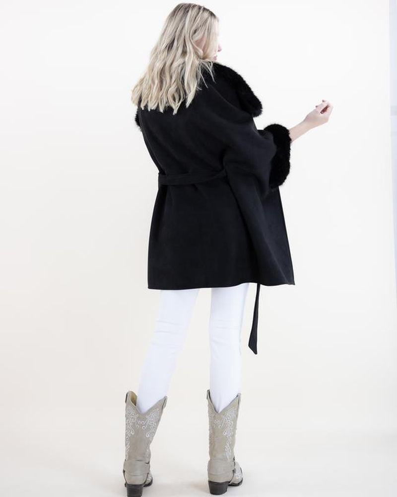Original USA Women'S Wide Faux Fur Collar and Cuffs Faux Shearling Fur Trimmed Belted Wrap Cape