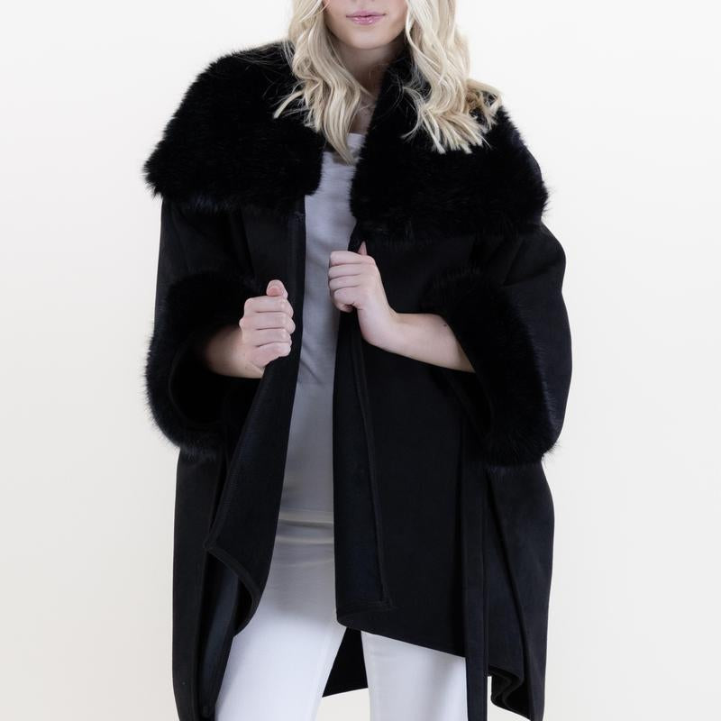Original USA Women'S Wide Faux Fur Collar and Cuffs Faux Shearling Fur Trimmed Belted Wrap Cape