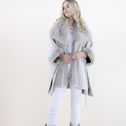 Original USA Women'S Wide Faux Fur Collar and Cuffs Faux Shearling Fur Trimmed Belted Wrap Cape