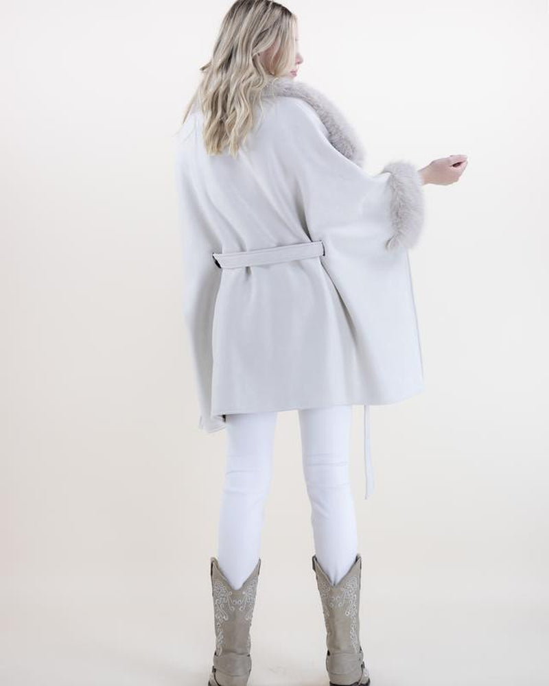 Original USA Women'S Wide Faux Fur Collar and Cuffs Faux Shearling Fur Trimmed Belted Wrap Cape